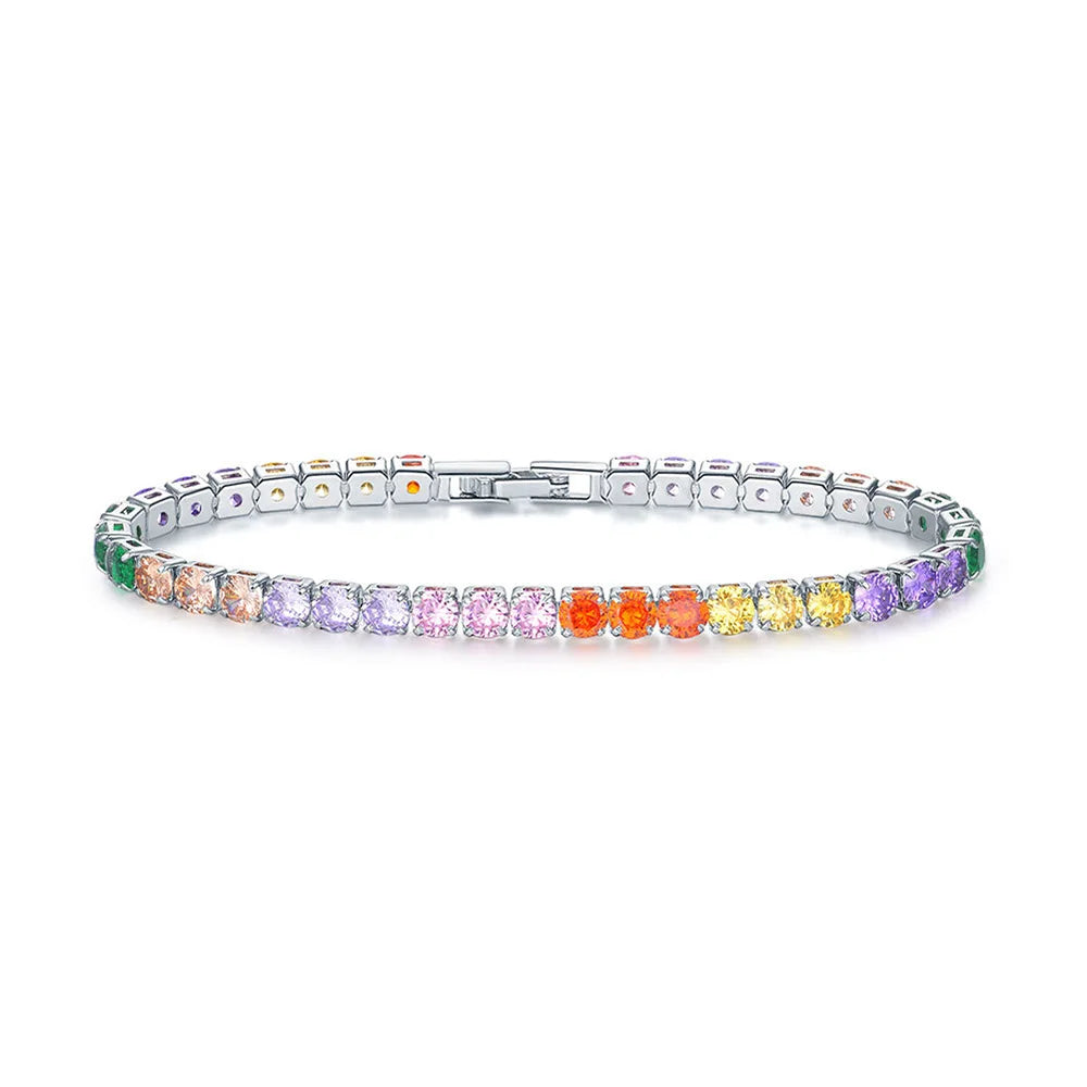 Colorful Zircon Tennis Bracelet Bangle for Women Luxury Silver Color 4mm Rainbow Crystal Hand Chain Jewelry Friend Gifts LAMOON