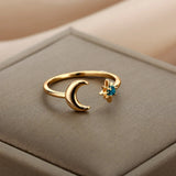 Crescent Moon & Star Adjustable Ring