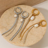 Pearl & Zircon Metal Chain Dangle Earrings