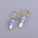 Blue Ceramic Bead & Pearl Hoop Earrings
