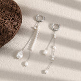Pearl & Silver Long Chain Drop Earrings