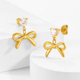 Gold Bow & Heart Drop Earrings
