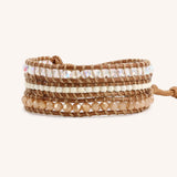 Neutral Crystals on Natural Leather Three Wrap Bracelet