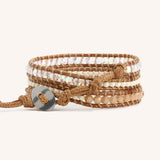 Neutral Crystals on Natural Leather Three Wrap Bracelet