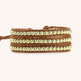 Gold Beads on Natural Leather Three Wrap Bracelet
