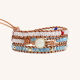 Blue and White Crystals on Natural Leather Three Wrap Bracelet