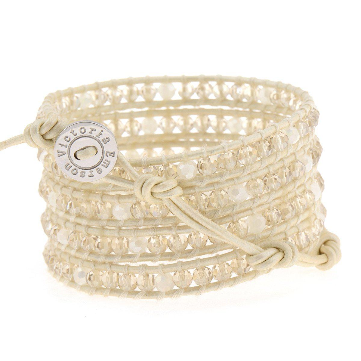 Crystal On White-Ivory Leather Wrap Bracelet
